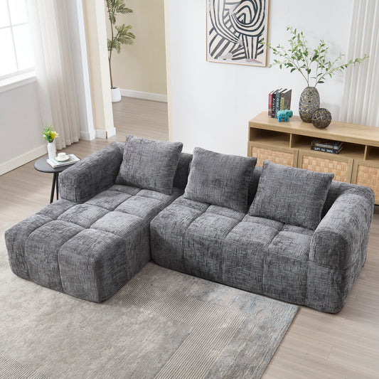 Modernes Sektionssofa, L-Sofa, 3-Sitzer-Sofa, keine Installation erforderlich, Chenille-Sofa mit Chaiselongue und Armlehnen, 3 Kissen, Seitentasche für Fernbedienung, Grau