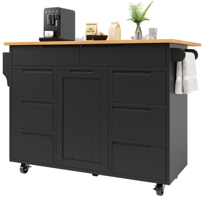 Moderne Kücheninsel, Küchenschrank, Ausziehbarer Küchenwagen mit Rollen und Arbeitsplatte, Servierwagen mit Gewürzregal und 8 Schubladen, Schwarz