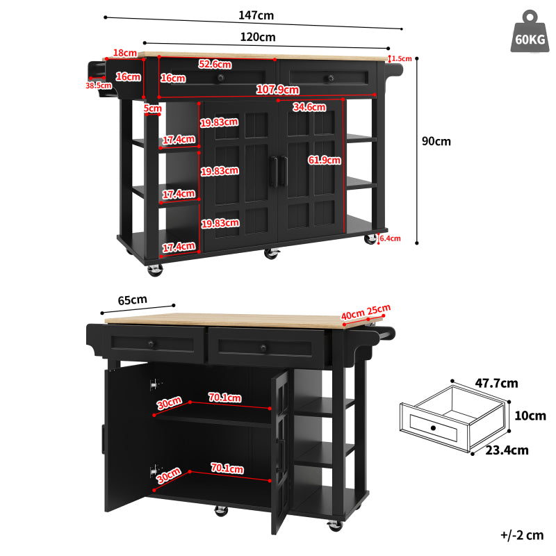 Kücheninsel mit herausnehmbaren Trennwänden, Esszimmerwagen mit Arbeitsplatte, Buffetschrank, Esszimmerwagen mit Holzmaserung, Handtuchhalter beidseitig mit Rollen, schwarz