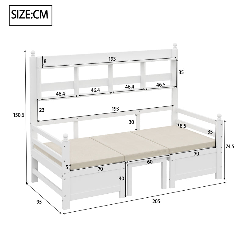Multifunktionales Massivholz Schlafsofa 200x90 cm, 2-in-1 Bett und Schreibtisch, Frei Umbaubar, Mit Bücherregal Zur Aufbewahrung, Mit Bequemen Kissen, Gästebett Einzelholzbett, Weiß
