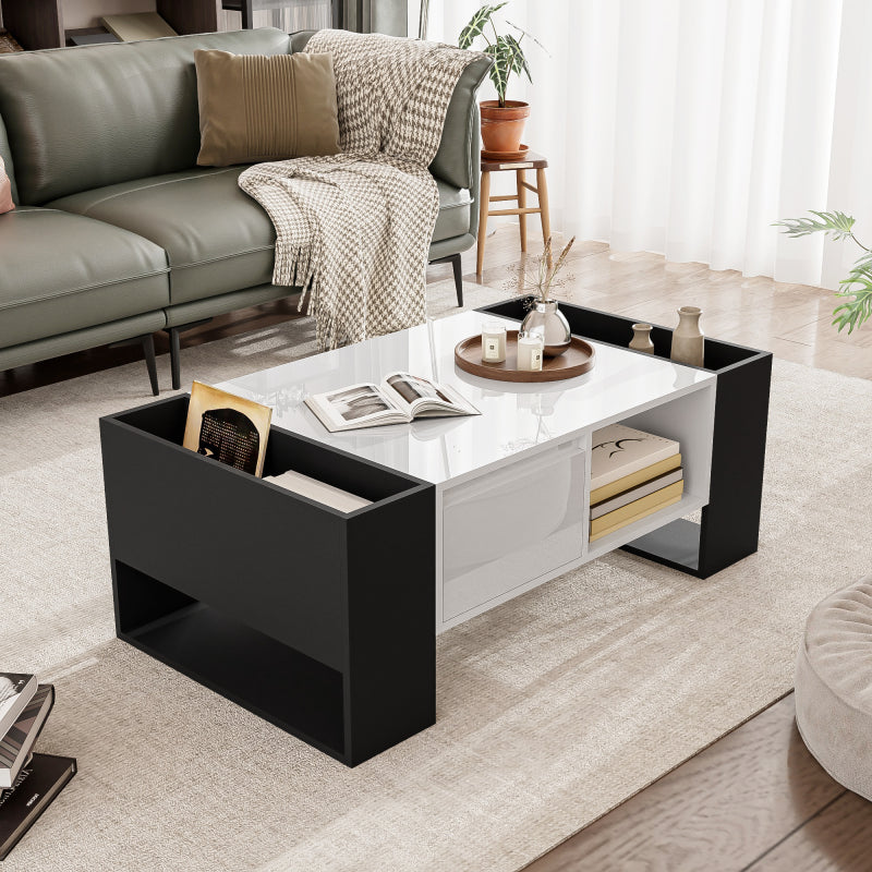 Moderner Couchtisch 105 x 60 x 40,5 cm – Schwarz-Weiß-Design mit hochglänzender Oberfläche, Schublade und 4 offenen Fächern