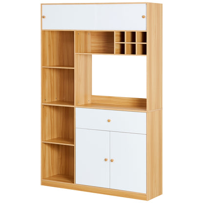 Küchenschrank 115×35×180 cm mit LED, Küchenbuffet mit Schublade, 3 Türen & Regalen, Hochschrank für Mikrowelle – Weiß/Natur