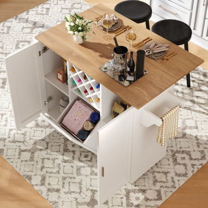 Kücheninsel mit herausnehmbaren Trennwänden, Küchenschrank, Esszimmerwagen mit Arbeitsplatte, Buffetschrank, Esszimmerwagen mit Holzmaserung, seitlicher Handtuchhalter mit Flaschenhalter, weiß