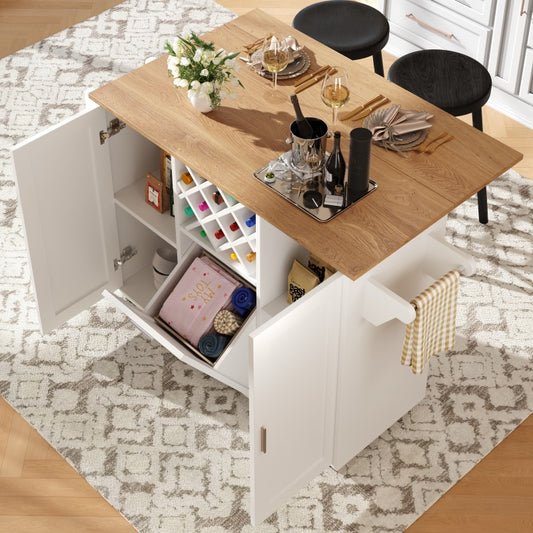 Kücheninsel mit herausnehmbaren Trennwänden, Küchenschrank, Esszimmerwagen mit Arbeitsplatte, Buffetschrank, Esszimmerwagen mit Holzmaserung, seitlicher Handtuchhalter mit Flaschenhalter, weiß