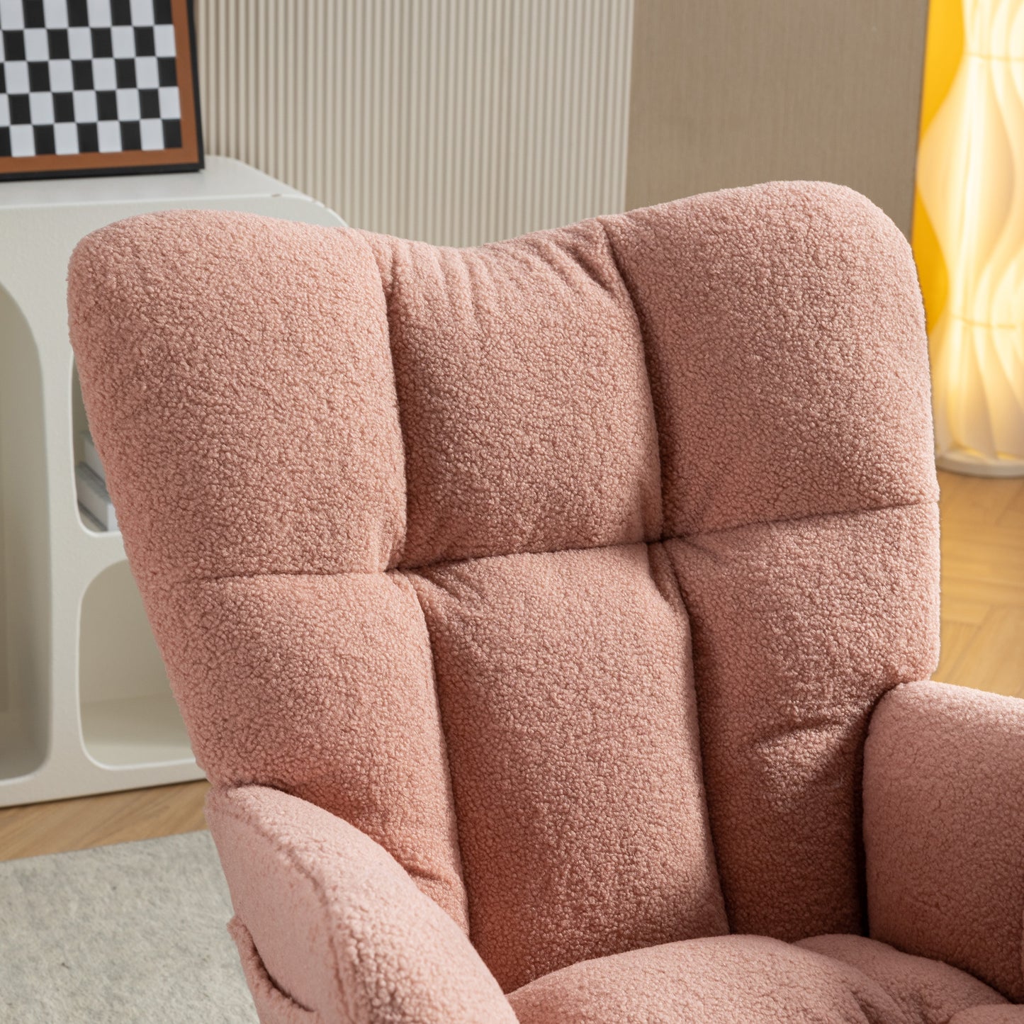 Neuer moderner Schaukelstuhl mit Polsterung und Teddystoff, mit ausziehbarer Fußstütze, Rosa