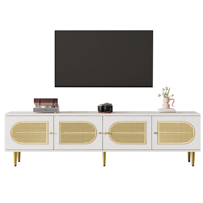 Weißer Rattan-TV-Schrank 180x40x50 cm - 4 Rattan-Türen, verstellbare Einlegeböden und Kabelmanagement für Fernseher bis 80 Zoll, TV-Schrank,Lowboards