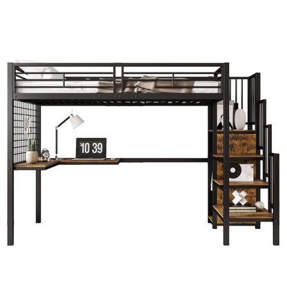 Eisenbett, Etagenbett, Hochbett, Geeignet für Kinder und Jugendliche, mit Tisch und Kleiderschrank, Seitenleiter mit Handlauf, Eisen+Spanplatte, Schwarz+dunkle Holzfarbe, 90x200cm