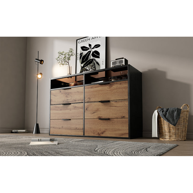 Kommode Sideboard aus Bernstein Glas, Sideboard mit Metallgriffen, Kommode mit 6 Schubladen und 2 Fächern , kippsicher, 120 x 40 x 80 cm, Eiche