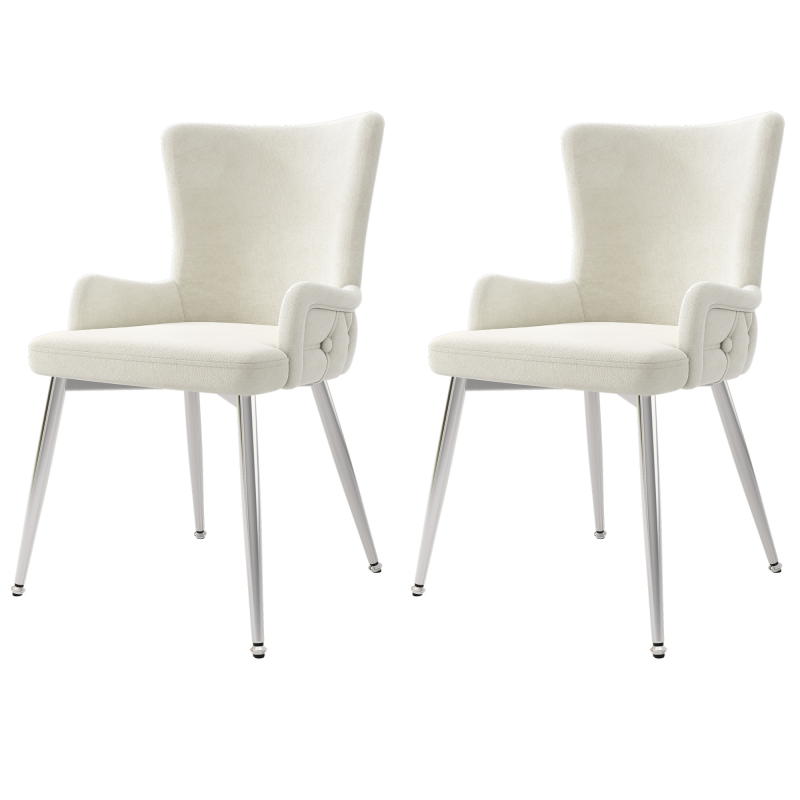 Samt-Esszimmerstuhl, 2er-Set, luxuriöser Wohnzimmer-Schlafzimmer-Loungesessel mit vier silberfarbenen Metallstützbeinen, Beige[OLD SKU:N634P184684B]
