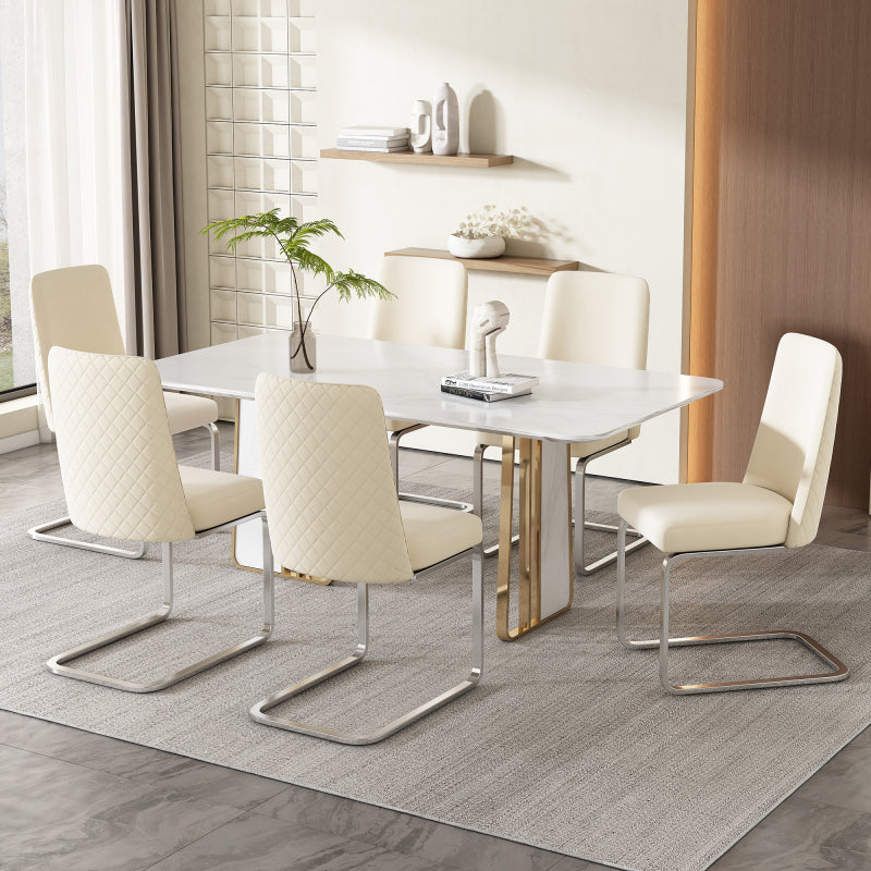 Samt-Esszimmerstuhl, 4er-Set, Diamant-Rücken-Design, mit silbernen Metall-Stützbeinen, Beige