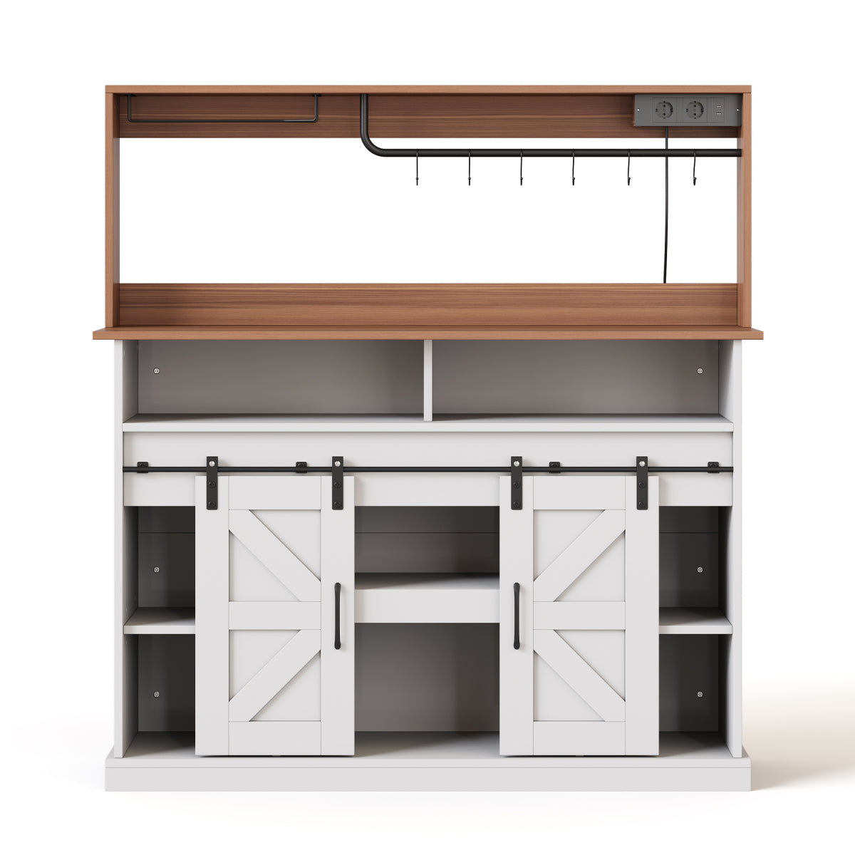 Kaffeebar 120 cm mit Gläserhalter & Steckdosen, Sideboard im Landhausstil mit Schiebetüren – Weiß/Natur