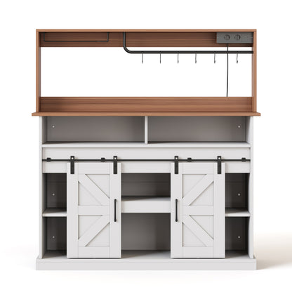 Kaffeebar 120 cm mit Gläserhalter & Steckdosen, Sideboard im Landhausstil mit Schiebetüren – Weiß/Natur