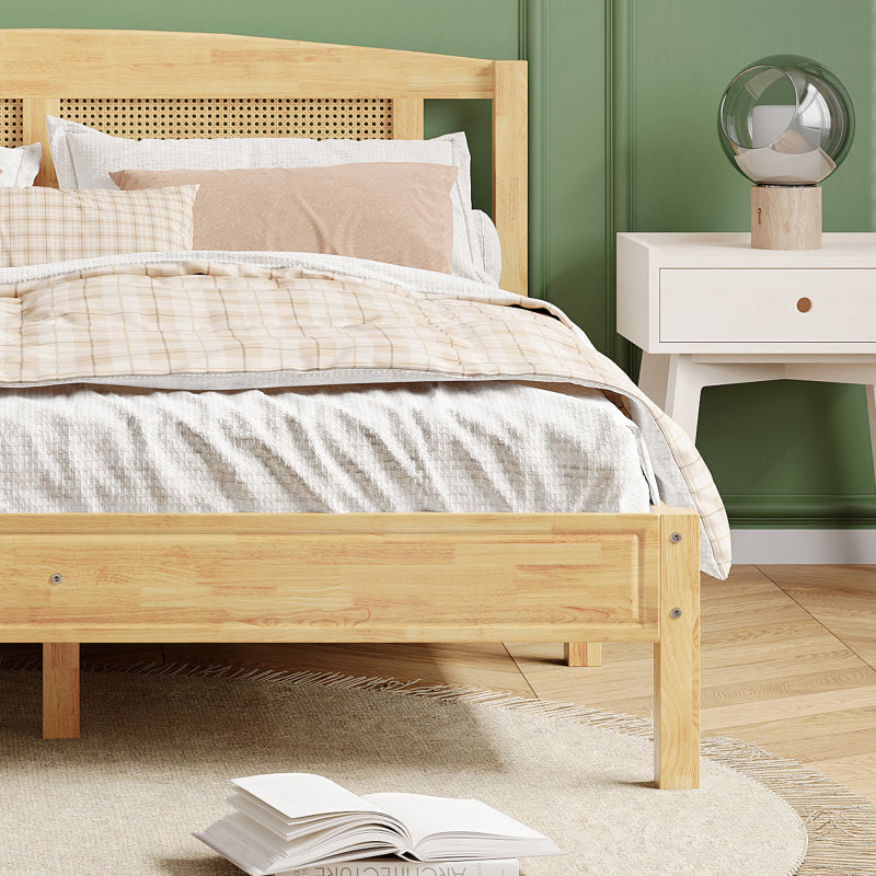 Doppelbett, Rattanbett, Jugendbett Erwachsenenbett 160X200cm, Rattannetzkissen, mit 15 Latten und Mittelfüße, Kiefer + PE-Rattan, Natur