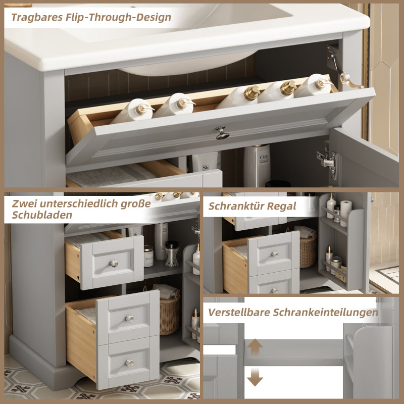 76x46x87cmBodenstehender Badezimmerschrank mit Waschbeck, Waschtisch, feuchtigkeitsbeständig lackiert, Soft-Close-Schubladenführungen, Türregale,ausklappbare Schublade,verstellbare Ablagefläche, grau