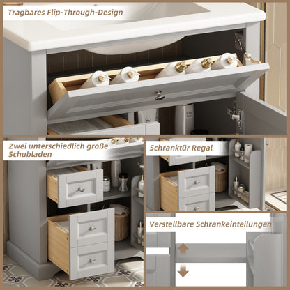 76x46x87cmBodenstehender Badezimmerschrank mit Waschbeck, Waschtisch, feuchtigkeitsbeständig lackiert, Soft-Close-Schubladenführungen, Türregale,ausklappbare Schublade,verstellbare Ablagefläche, grau