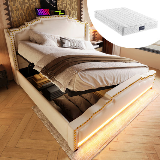 Polsterbett 160x200, Doppelbett mit hydraulischem Stauraum, LED-Beleuchtung und USB-C-Ladeanschluss, Stauraumbett und Jugendbett mit Lattenrost, Samt, Beige, Mit Matratze