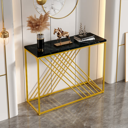 MDF Hochglanz Tisch für den Eingangsbereich, Konsolentisch, Flurtisch, Sideboard, Beistelltisch, Vintage, Schwarzer Tisch mit goldenem Fuß,