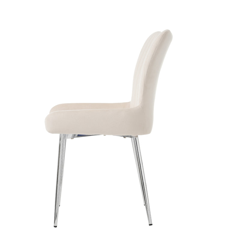 Samt-Esszimmerstuhl, 2er-Set, Lounge-Stuhl mit vier Silberne Metallstützbeinen, Lendenwirbelstütze, Beige