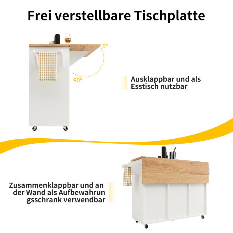 Kücheninsel mit herausnehmbaren Trennwänden, Küchenschrank, Esszimmerwagen mit Arbeitsplatte, Buffetschrank, Esszimmerwagen mit Holzmaserung, seitlicher Handtuchhalter mit Flaschenhalter, weiß