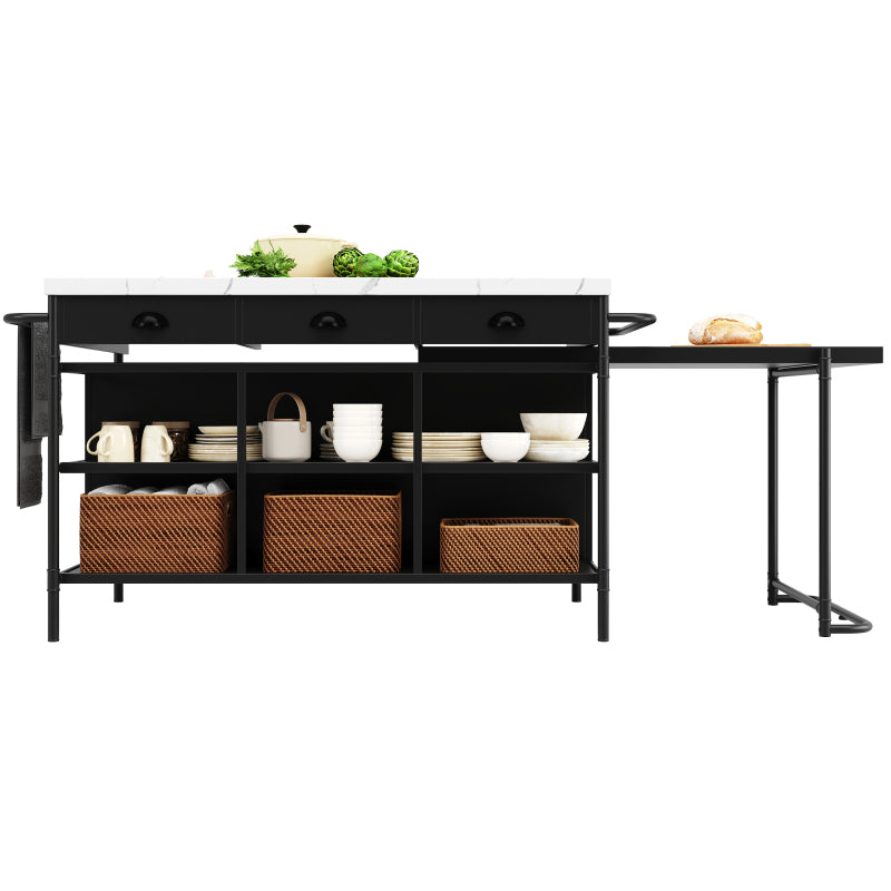 Kücheninseln, Ausziehbare Kunstmarmorplatte Industrial mit 3-Schubladen, Multifunktionales Küchen- und Esszimmer-Möbel, Kücheninsel Küchenregal Küchewagen Sideboard, MDF Arbeitsplatte Küche Regal