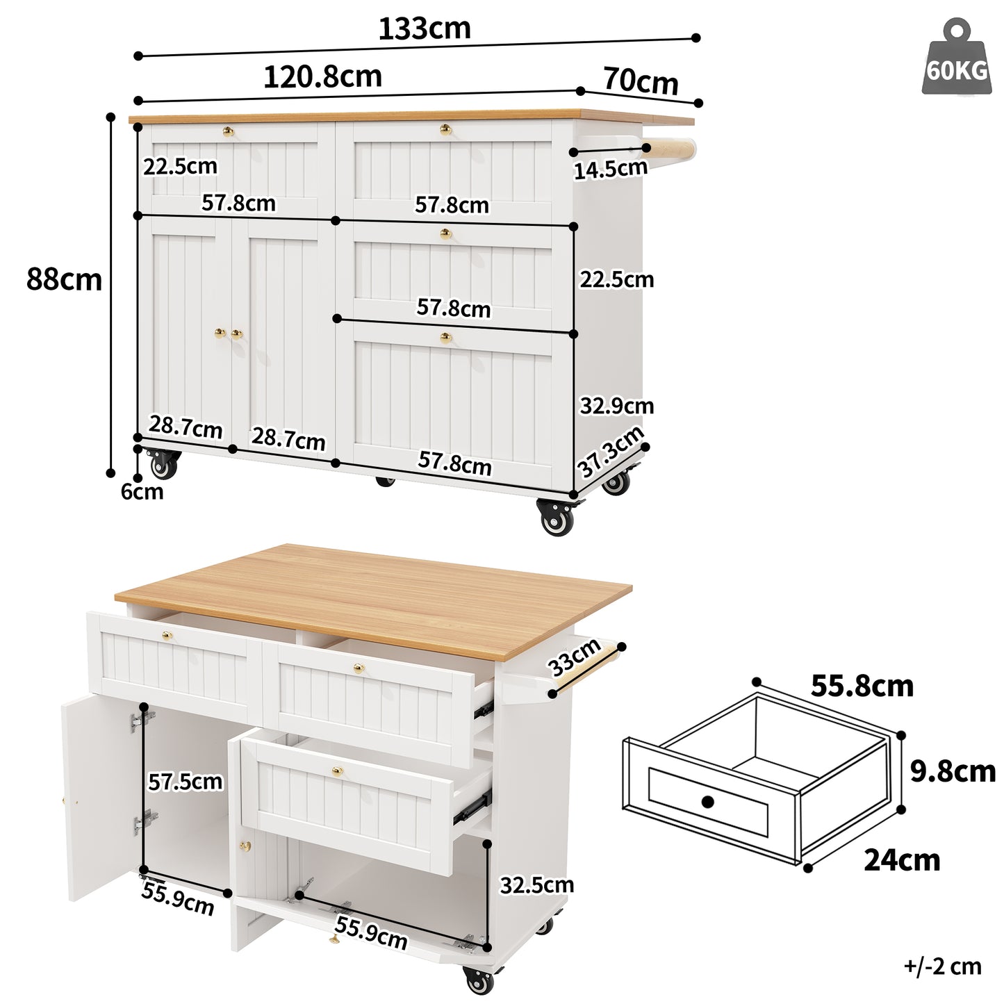 Moderne Kücheninsel, Küchenschrank, buffetschrank, Speisewagen mit Holzmaserung, buffetschrank, Multifunktionale Esstisch mit Speicherraum, Speisewagen mit Stretchfunktionsschränken, weiß