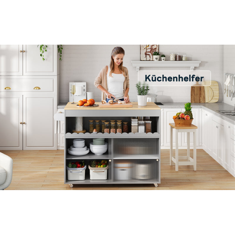 122 x 46(69) x 91cm, klappbarer Kücheninselwagen, Arbeitsplatte aus Eichenholzfurnier, Schiebetüren aus gehärtetem Glas, verstellbare Einlegeböden, Handtuchhalter, großer Kücheninselwagen