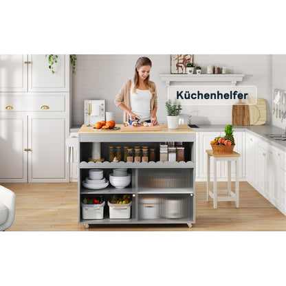 122 x 46(69) x 91cm, klappbarer Kücheninselwagen, Arbeitsplatte aus Eichenholzfurnier, Schiebetüren aus gehärtetem Glas, verstellbare Einlegeböden, Handtuchhalter, großer Kücheninselwagen
