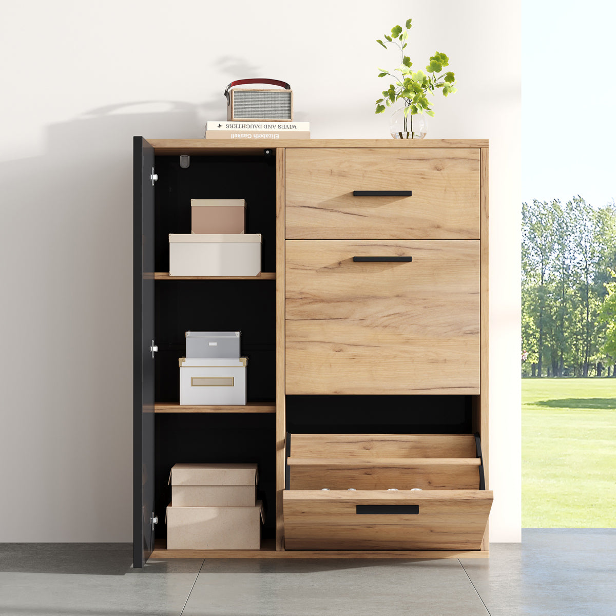 Schuhschrank Schwarz/Natur 80x24x95,5 cm mit 2 Klappen, 1 Tür & Schublade, verstellbare Regale, moderne Griffe