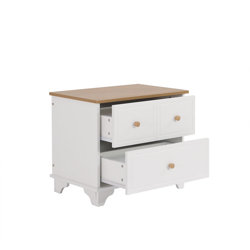 Nachttisch mit 2 Schubladen, geräuschlosen Gleitern, Schön gearbeitete Füße, Stauraum im Wohnzimmer und Schlafzimmer, MDF+Spanplatte, Weiß+Natur