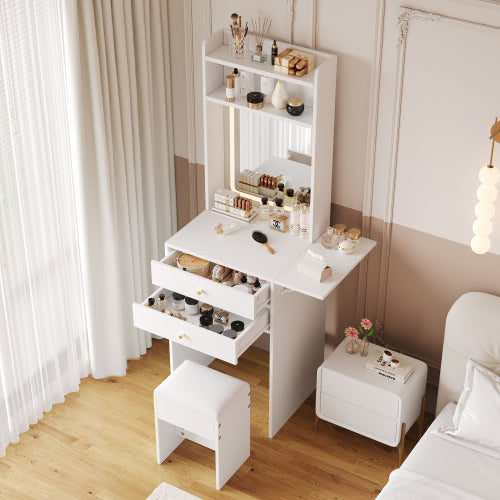 Schminktisch mit klappbarer Tischplatte, Frisiertisch Weiß 75cm, LED Spiegel (dimmbar, 3 Farben) & Stauraum