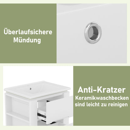 60x46x48.5cm wandhängend Badezimmerschränk, komplett lackiert, LED-Radarsensor-Beleuchtung, zwei Schubladen, leise Gleitschienen, Zwei seitliche Ablagen, Waschtisch, integriertes Waschbecken, weiß