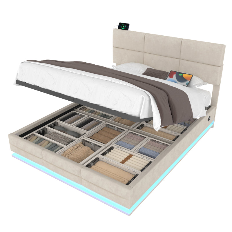140x200 cm Modernes Velours-Polsterbett mit höhenverstellbarem Kopfteil - Inkl. USB/Type-C-Anschlüssen, LED-Ambientebeleuchtung, hydraulischem Lift-System & XXL-Stauraum (ohne Matratze) - Beige