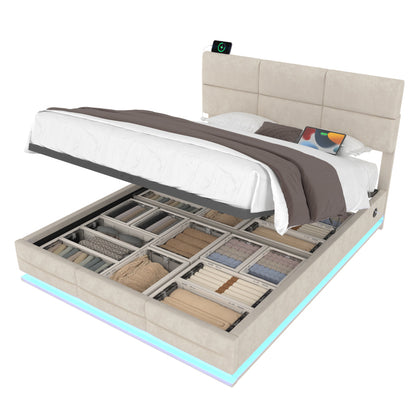 140x200 cm Modernes Velours-Polsterbett mit höhenverstellbarem Kopfteil - Inkl. USB/Type-C-Anschlüssen, LED-Ambientebeleuchtung, hydraulischem Lift-System & XXL-Stauraum (ohne Matratze) - Beige