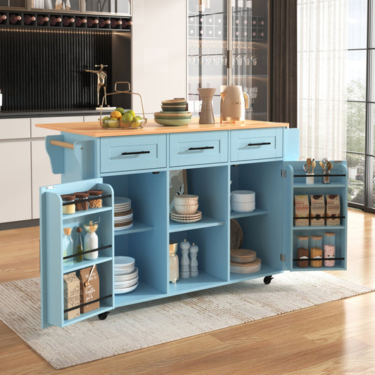 139x46(71)x91,5 cm großer Esswagen/Anrichte, Korpus Blau + Arbeitsplatte in Massivholzmaserung, klappbare Arbeitsplatte, Ablagetür, Rollen, auswechselbare Massivholzfüße, geeignet für Esszimmer, Küche