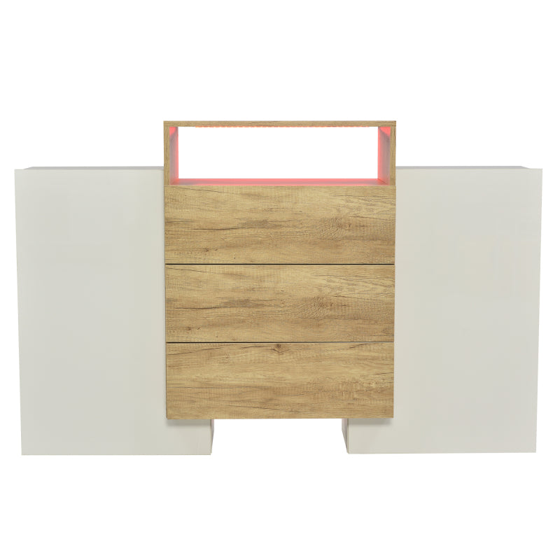 Sideboard, Moderner Kommode, Schrank 140cm, Hochglanz-Weiß und Holzfarbe, Mehrfarbige LED-Lichteffekte. Stilvolle Aufbewahrungslösung (Teilweise glänzende Oberfläche)
