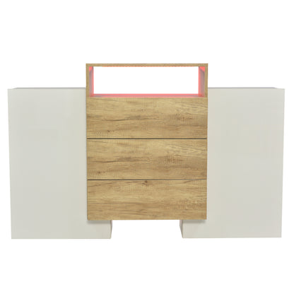 Sideboard, Moderner Kommode, Schrank 140cm, Hochglanz-Weiß und Holzfarbe, Mehrfarbige LED-Lichteffekte. Stilvolle Aufbewahrungslösung (Teilweise glänzende Oberfläche)