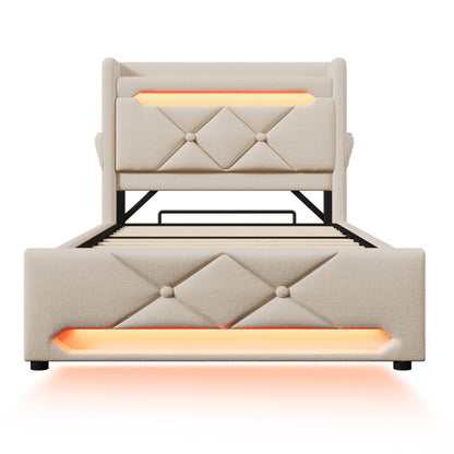Polsterbett Einzelbett 90*200, Stauraum Kopfteil mit USB und Typ C-Port ,360-Surround-LED-Funktion rund um Kopf- und Fußende des, Betten mit Hydraulisch Stauraum, Beige , Leinen(Ohne Matratze)