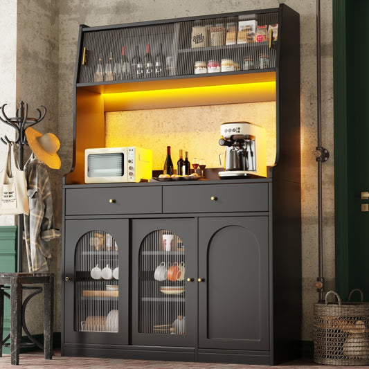 Küchenschrank, Esszimmerschrank mit 2 Schubladen, Sideboard mit LED-Beleuchtung, schwarz