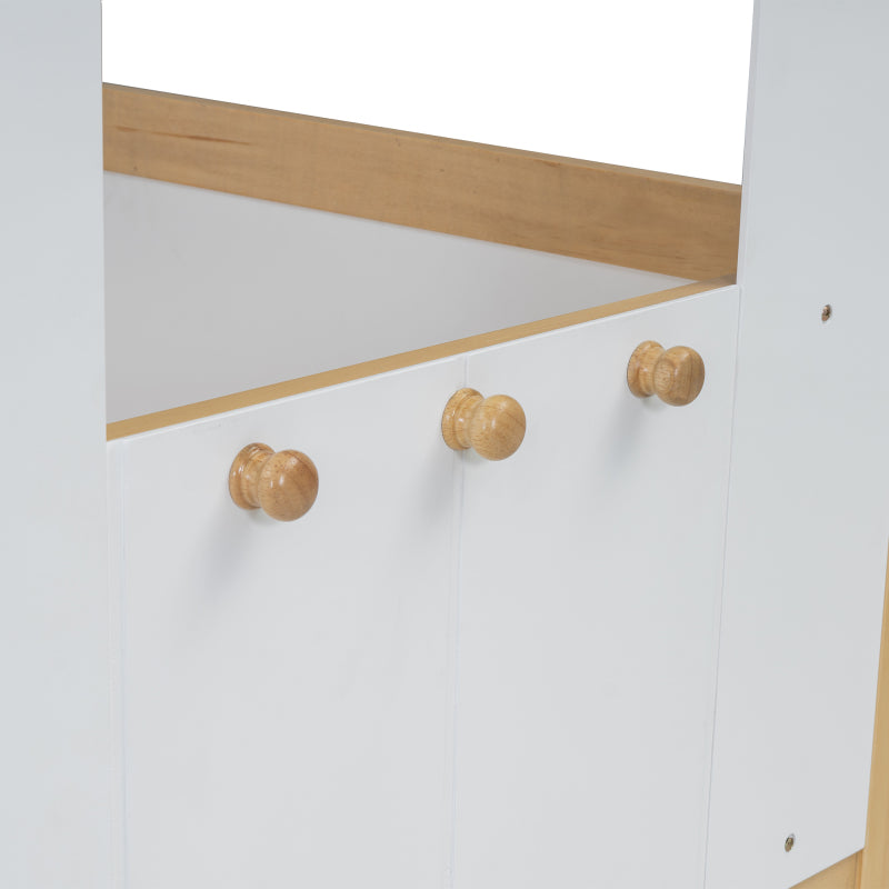 Kinderbett, halbhohes Bett, Hausbett mit Dach und Fenster, Vierseitiger Zaun, mit 4 Schubladen und kleine Treppe, Kiefer+MDF+Sperrholz, Weiß+Natur, 90x200cm