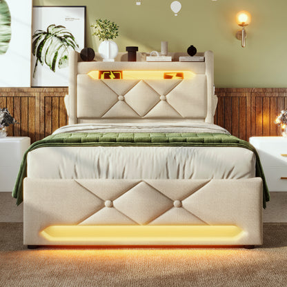 Polsterbett Einzelbett 90*200, Stauraum Kopfteil mit USB und Typ C-Port ,360-Surround-LED-Funktion rund um Kopf- und Fußende des, Betten mit Hydraulisch Stauraum, Beige , Leinen(Ohne Matratze)