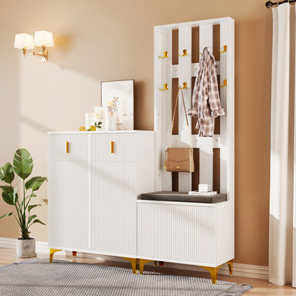 Garderoben-Set mit Schuhschrank & Sitzbank, Wellenfront, Push-to-Open, goldene Details, Weiß
