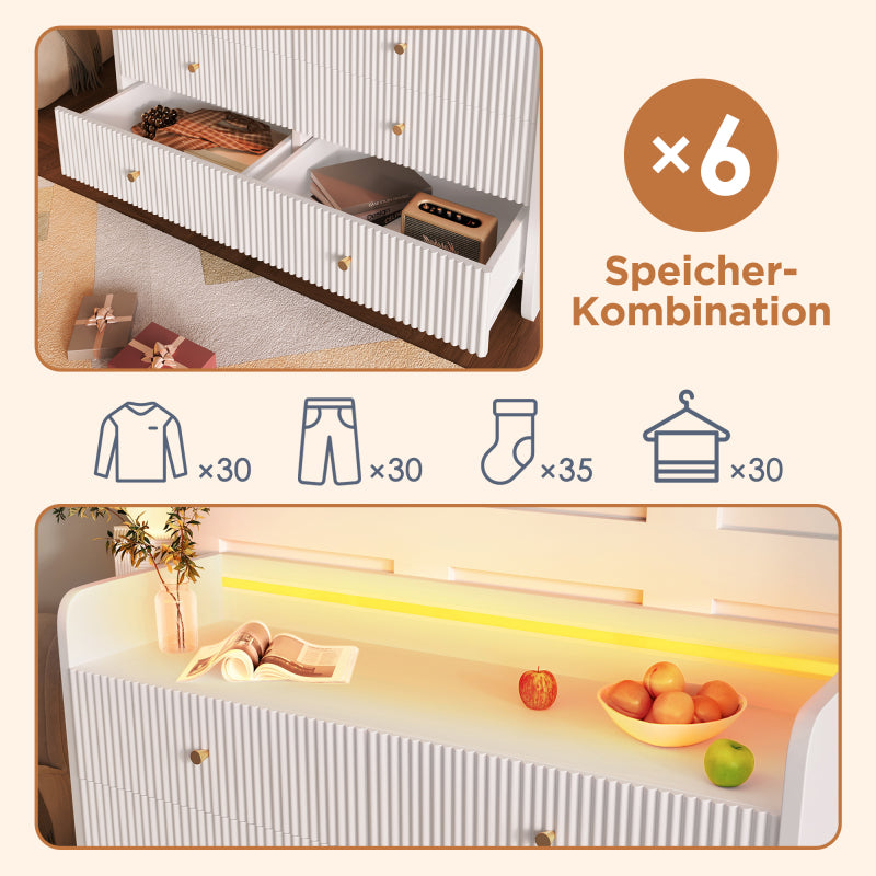Sideboard, Kommode mit LED-Beleuchtung und 6 Schubladen, Wellenförmiges Rillendesign, Moderner Schrank für Wohnzimmer und Schlafzimmer, 120x40x75cm, Weiß