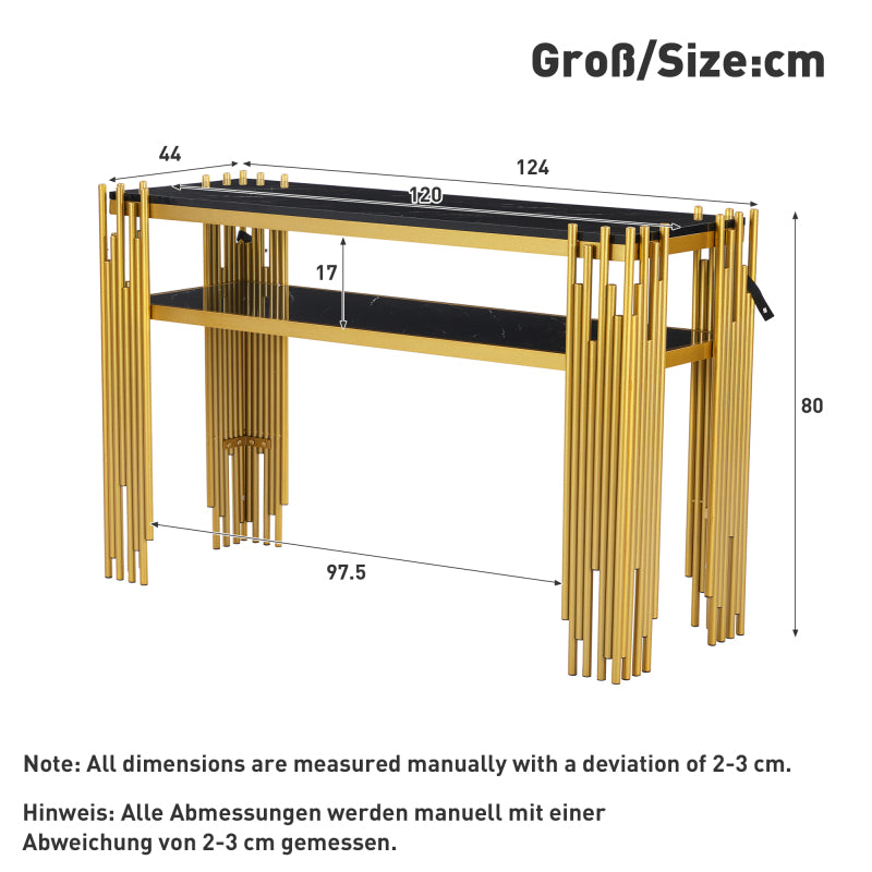Mid-Century Modern Wohnzimmer Beistelltisch, Konsolentisch, Schwarzer Korpus mit goldenen Beinen, Doppelschicht MDF, Belastbarkeit bis 40 kg