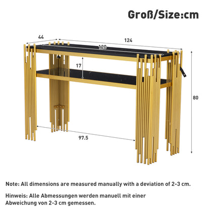 Mid-Century Modern Wohnzimmer Beistelltisch, Konsolentisch, Schwarzer Korpus mit goldenen Beinen, Doppelschicht MDF, Belastbarkeit bis 40 kg