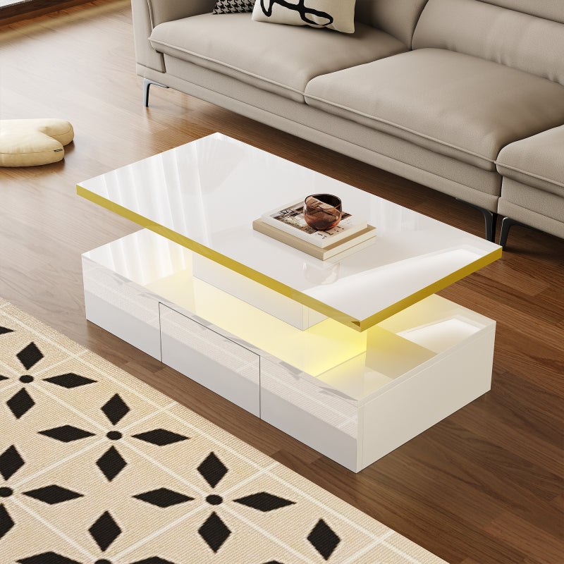 Couchtisch, Tisch mit Schubladen, Hochglanzlackierung, Beistelltisch mit zwei Ablageebenen. Mit LED-Licht
