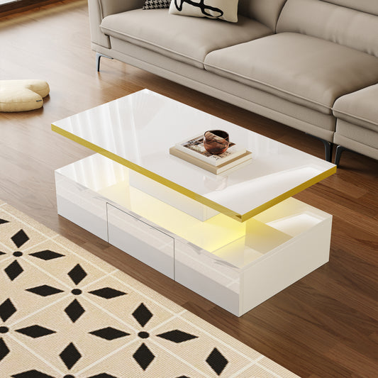 Couchtisch, Tisch mit Schubladen, Hochglanzlackierung, Beistelltisch mit zwei Ablageebenen. Mit LED-Licht