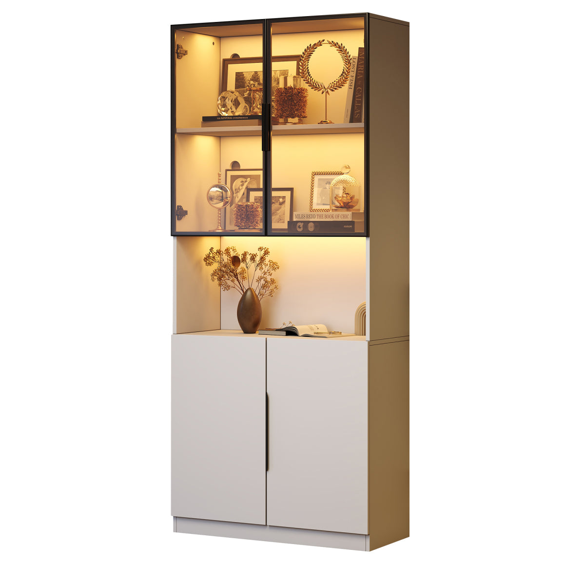 Moderne Vitrine Weiß 80x30x200cm - Glasschrank mit LED-Beleuchtung, Einstellbare Helligkeit & Farbtemperatur, Bücherregal für Sammlerstücke, weiß