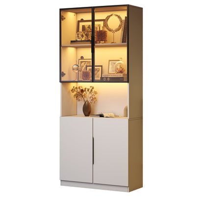 Moderne Vitrine Weiß 80x30x200cm - Glasschrank mit LED-Beleuchtung, Einstellbare Helligkeit & Farbtemperatur, Bücherregal für Sammlerstücke, weiß