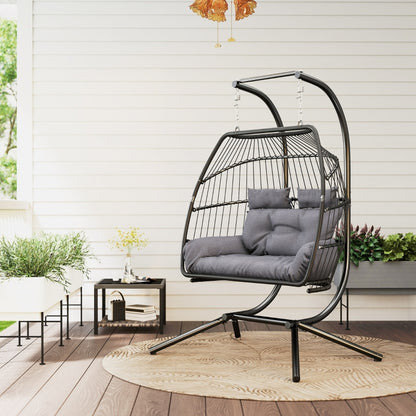 Hängesessel mit Gestell faltbar Hängekorb mit Kissen, Polyrattan, für 2 Personen, belastbar bis 260kg Sessel für Balkon Terrasse, Dunkelgrau