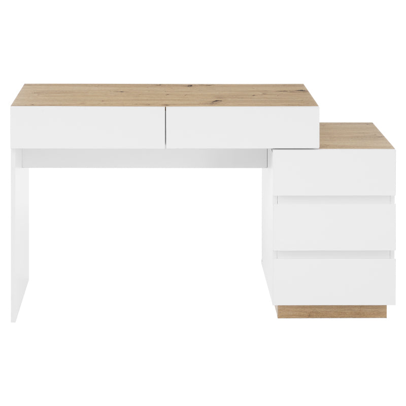 Schreibtisch mit 5 Schubladen,Frisiertisch, Funktion von Aufbewahrung, für Schlafzimmer , E1-Spanplatte, weiß+oak